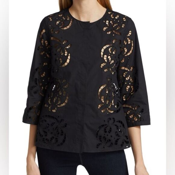 Theory Tops - Theory Womens Black Eyelet Floral Embroidered Cotton Poplin Shirt
